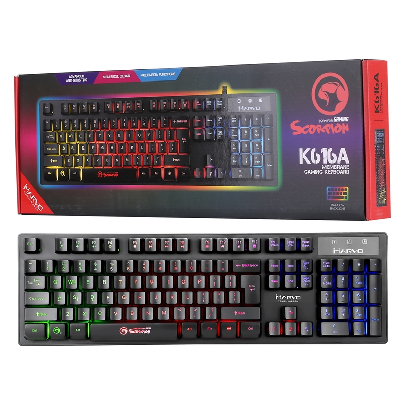 Marvo Scorpion K616A Gaming Keyboard, 3 Colour LED Backlit, USB 2.0, Frameless and Compact Design with Multi-Media and Anti-ghosting Keys, UK Layout image 1
