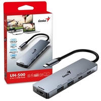 Genius USB Type-C 5-In-1 Hub Docking Station with USB-C 100W Power Delivery, USB-C 3.0, 2x USB A 3.0, 4K HDMI, UH-500