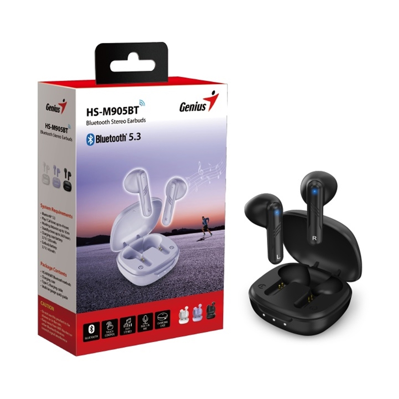 Genius HS-M905BT TWS True Wireless Earbuds, Bluetooth 5.3 Connectivity, Automatic Pairing and Touch Control Feature with Wireless Charging Case, Android, IOS and Windows Compatible, Black image 1