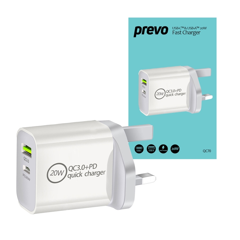 Prevo QC70 20W USB Type-C & USB Type-A Fast Charge Mains Charger image 1