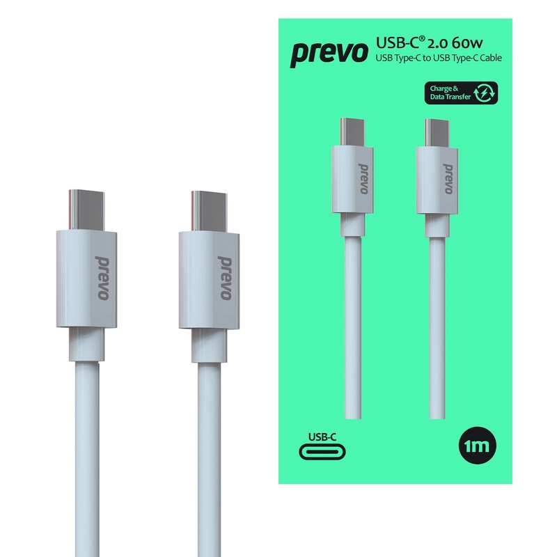 Prevo USB 2.0 60W C to C PVC cable, 20V/3A, 480Mbps, White, Superior Design & Performance image 1