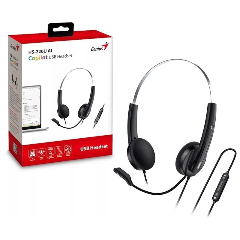 Genius HS-220U-C Copilot AI Ultra Lightweight Headset with Mic, USB-C Connection, Plug and Play, Adjustable Headband and microphone with In-line Volume Control, Black image 1