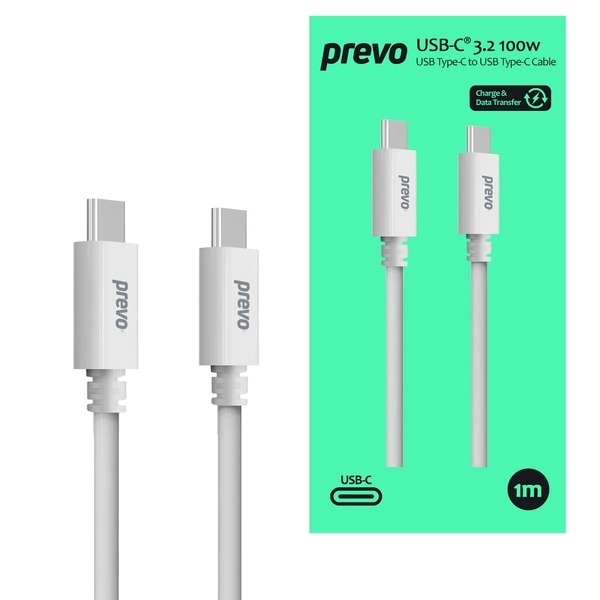 Prevo USB 3.2 100W C to C cable, 20V/5A, 10GB/20GB/s, White, Superior Design & Performance image 1