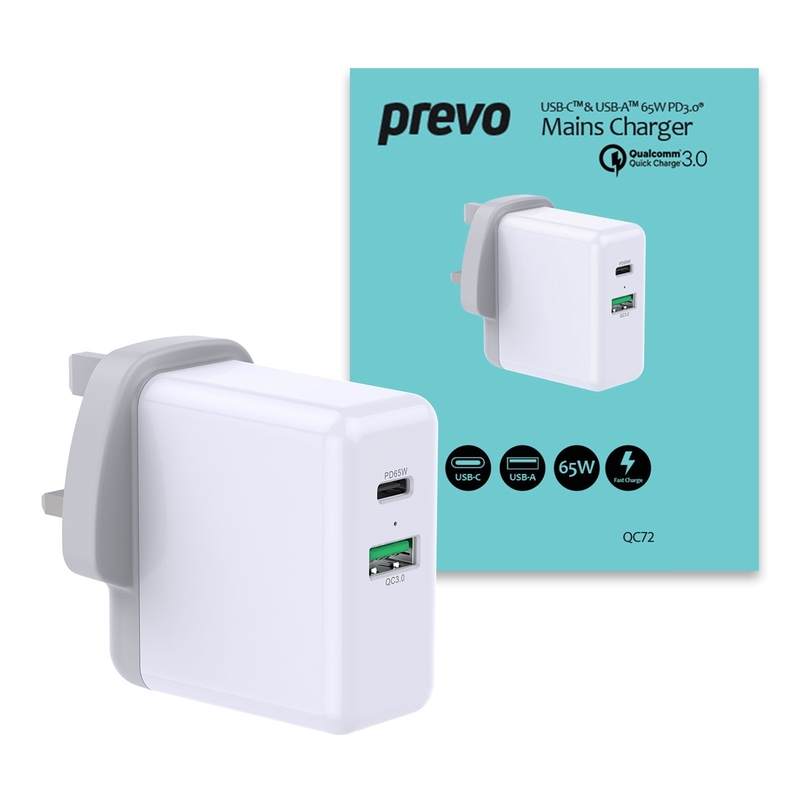 PREVO QC72 MAINS CHARGER 65W USB & TYPE C image 1