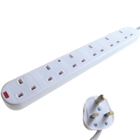 6 Way Mains Extension Outlet 2m Mains Lead & Surge & LEDs (3 pin 13 amp plug to 6 x 3 pin 13 amp sockets)