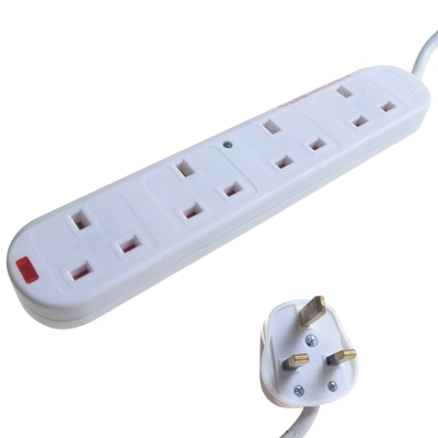 4 Way Mains Extension Outlet 2m Mains Lead & Surge & LEDs (3 pin 13 amp plug to 4 x 3 pin 13 amp sockets) image 1